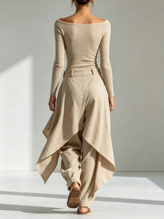 Estefania | Conjunto de top beige con cuello barco y pantalón ancho con volantes