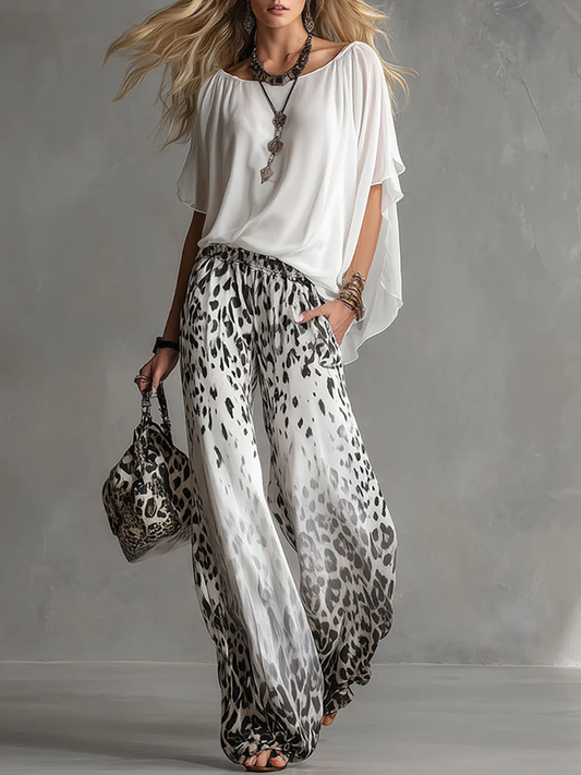 Celia | Conjunto Blanco con Pantalón Leopardo Degradado