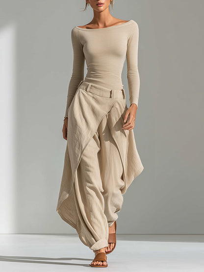 Marta| Conjunto de top beige con cuello barco y pantalón ancho con volantes
