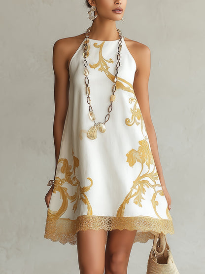 Elena | Vestido mini blanco de encaje con motivos dorados