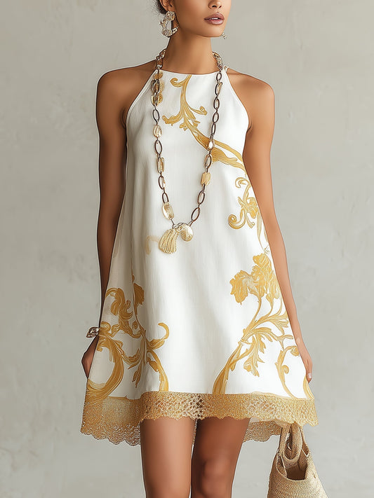 Elena | Vestido mini blanco de encaje con motivos dorados