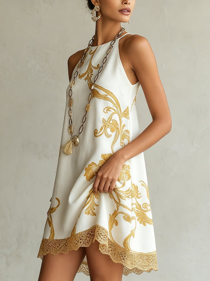 Elena | Vestido mini blanco de encaje con motivos dorados
