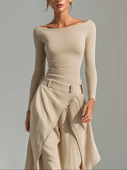 Estefania | Conjunto de top beige con cuello barco y pantalón ancho con volantes