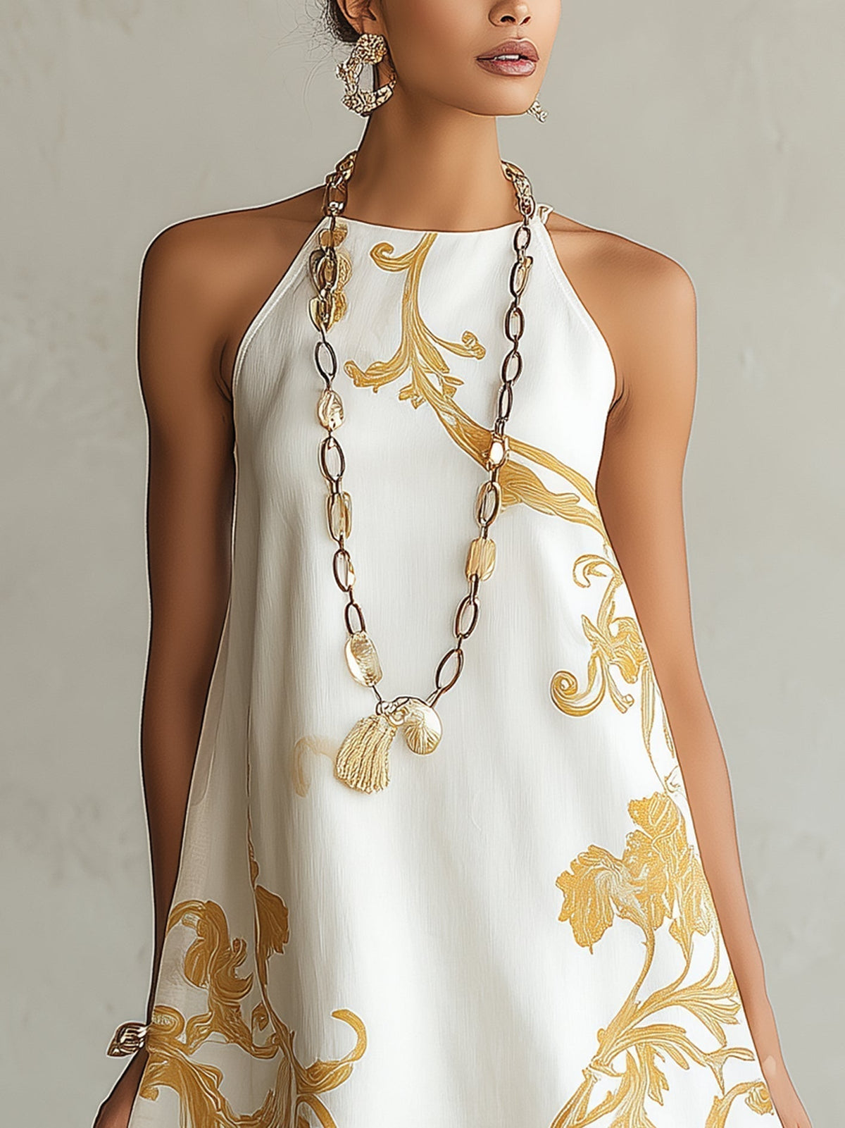Elena | Vestido mini blanco de encaje con motivos dorados