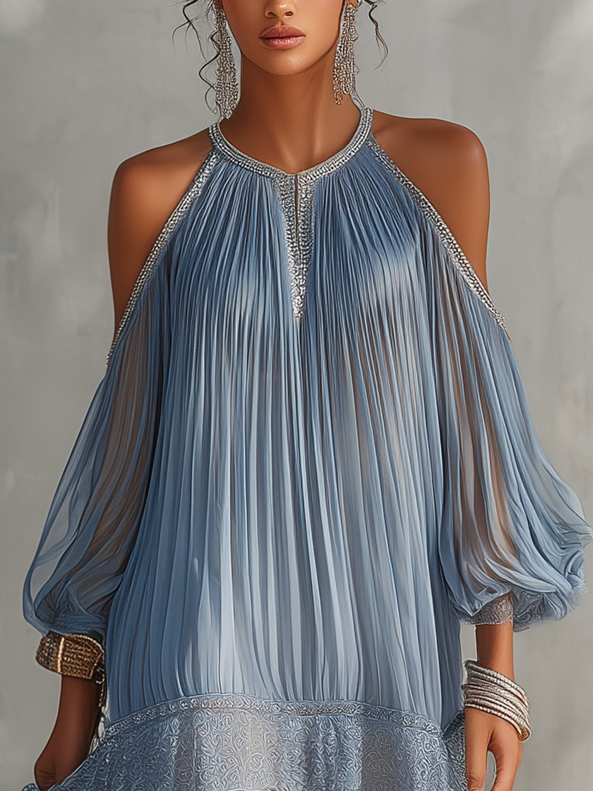 Céleste | Minivestido azul de hombros descubiertos, fruncido y con dobladillo de encaje