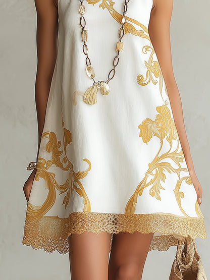 Elena | Vestido mini blanco de encaje con motivos dorados