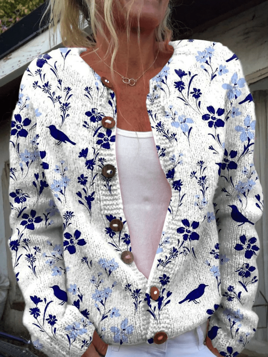 Paloma Cárdigan Vintage con Estampado Floral de Pájaros y Botones