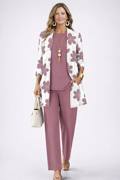 Costanza | Conjunto de Tres Piezas Verde con Cárdigan Largo y Pantalón Estampado