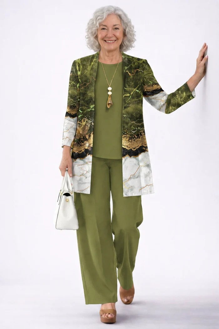 Costanza | Conjunto de Tres Piezas Verde con Cárdigan Largo y Pantalón Estampado