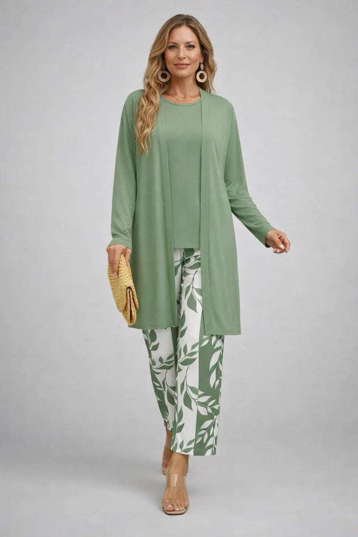 Costanza | Conjunto de Tres Piezas Verde con Cárdigan Largo y Pantalón Estampado