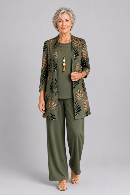 Costanza | Conjunto de Tres Piezas Verde con Cárdigan Largo y Pantalón Estampado