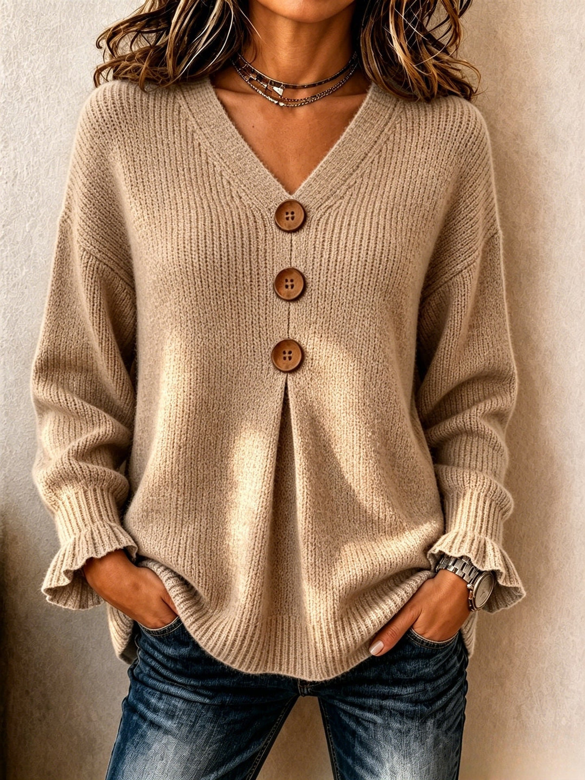 María | Jersey de Cuello en V con Botones
