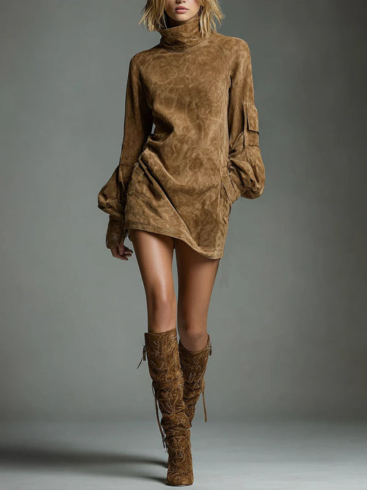 Roma | Vestido mini vintage de ante sintético con cuello alto