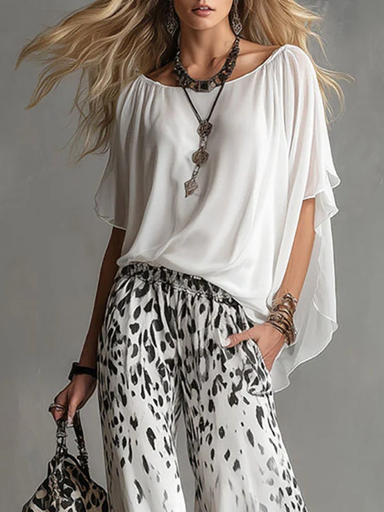 Celia | Conjunto Blanco con Pantalón Leopardo Degradado