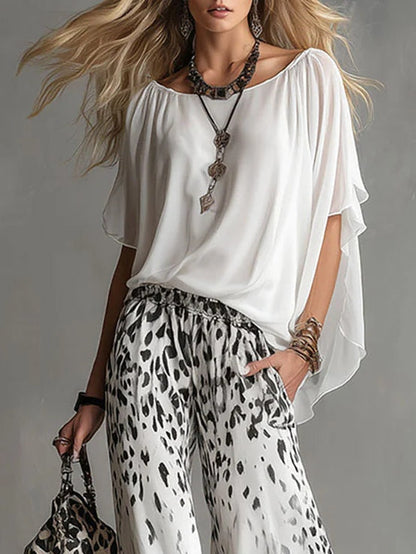 Celia | Conjunto Blanco con Pantalón Leopardo Degradado