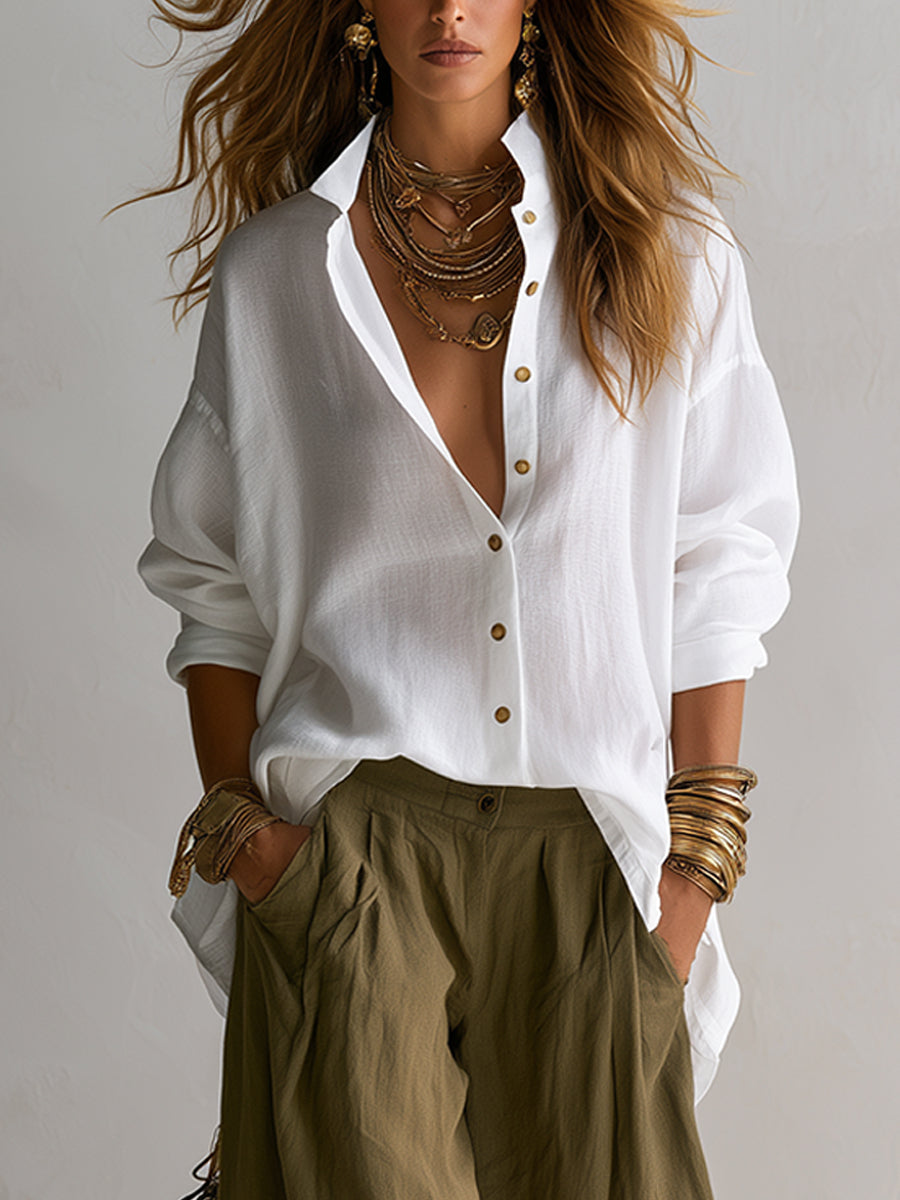 Carla | Camisa blanca holgada y pantalón Lantern verde oliva