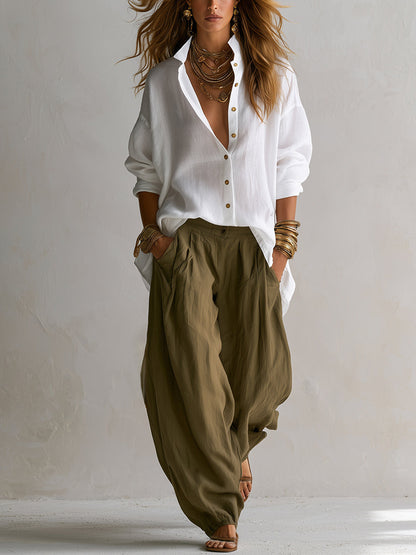 Carla | Camisa blanca holgada y pantalón Lantern verde oliva