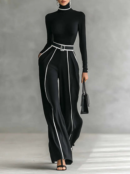Adèle | Conjunto de cuello alto con ribetes blancos y pantalón de pierna ancha