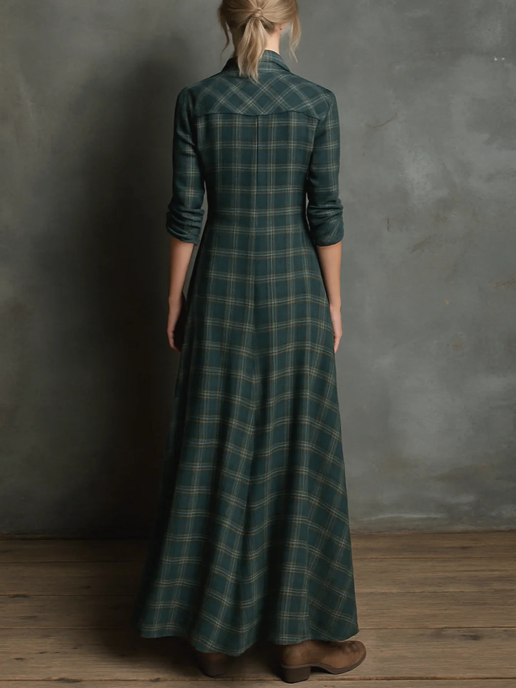Matílde | Vestido camisero largo con cuello de cuadros vichy verdes