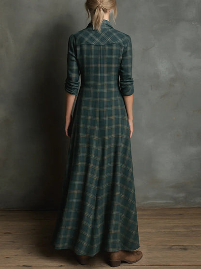 Matílde | Vestido camisero largo con cuello de cuadros vichy verdes