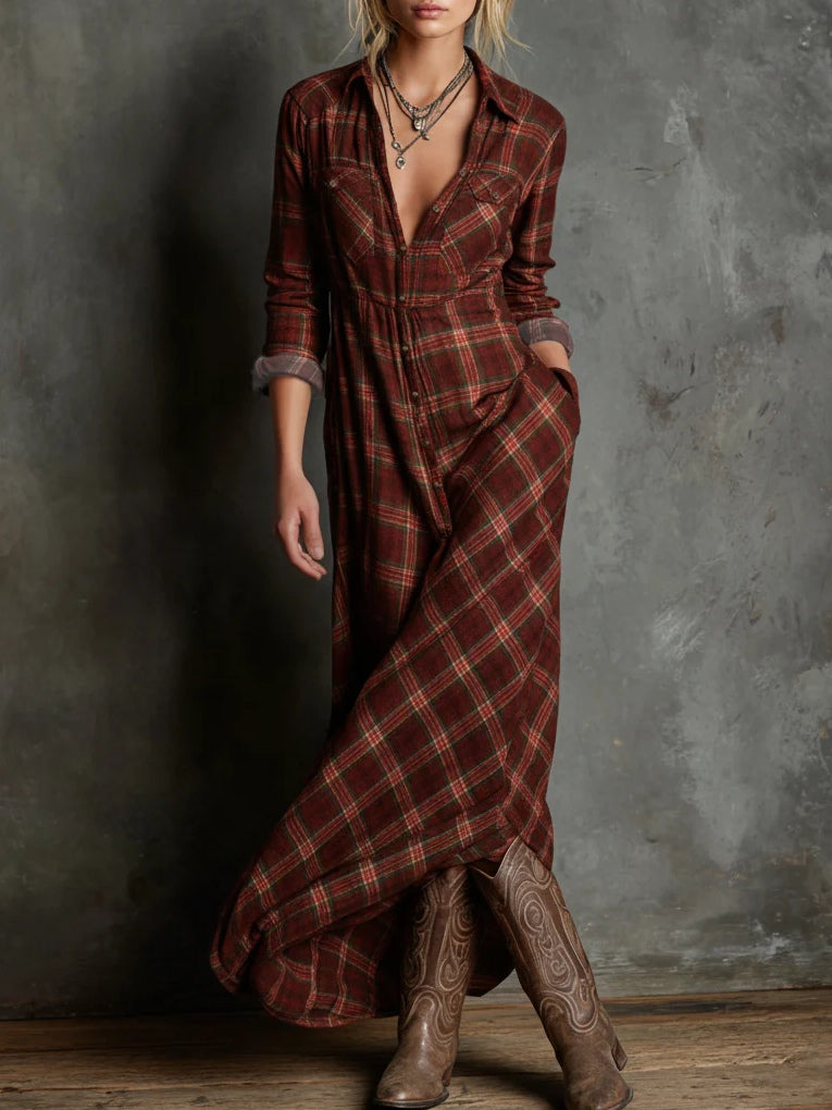 Matílde | Vestido camisero largo con cuello de cuadros vichy verdes