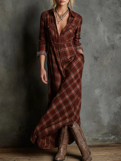 Matílde | Vestido camisero largo con cuello de cuadros vichy verdes