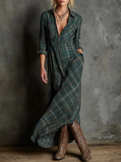 Matílde | Vestido camisero largo con cuello de cuadros vichy verdes
