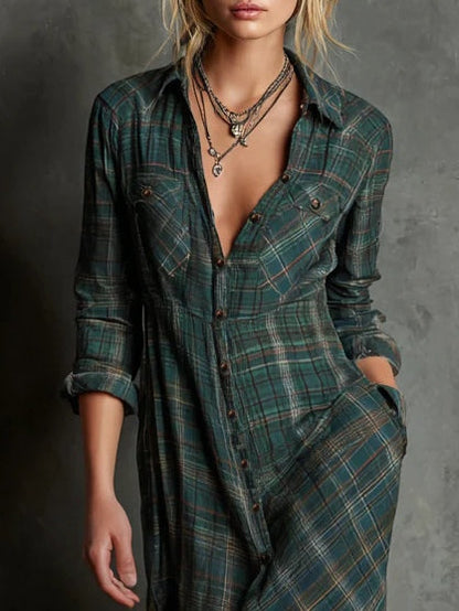 Matílde | Vestido camisero largo con cuello de cuadros vichy verdes